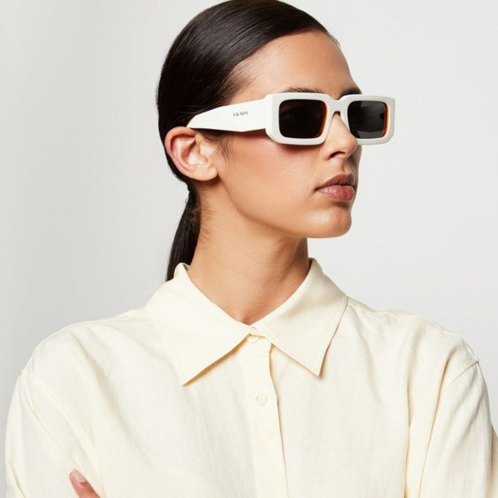 🔥Prada PR06YS 17M5S0 Sunglasses Talc Orange Dark Grey Rectangle Unisex - Picture 3 of 14